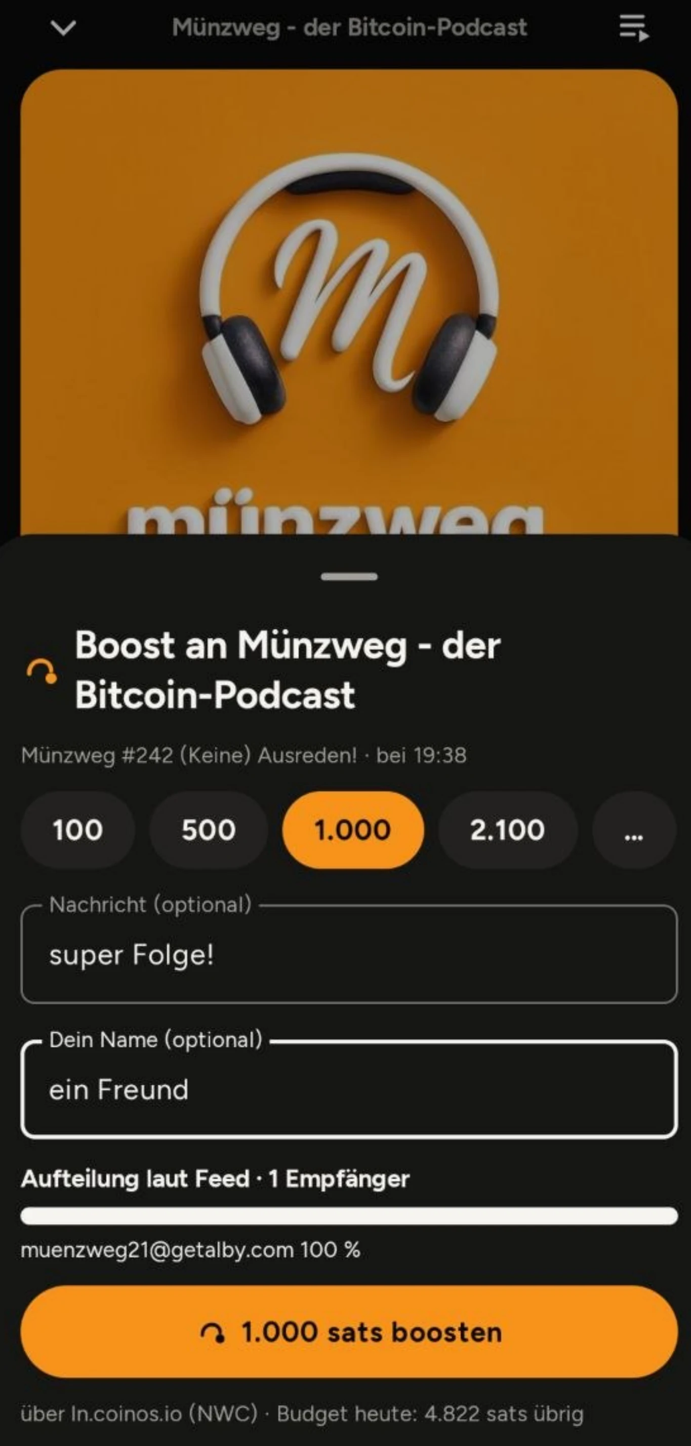 Hopp-Boost für Münzweg mit Betrag, Nachricht, Name und Empfängeraufteilung