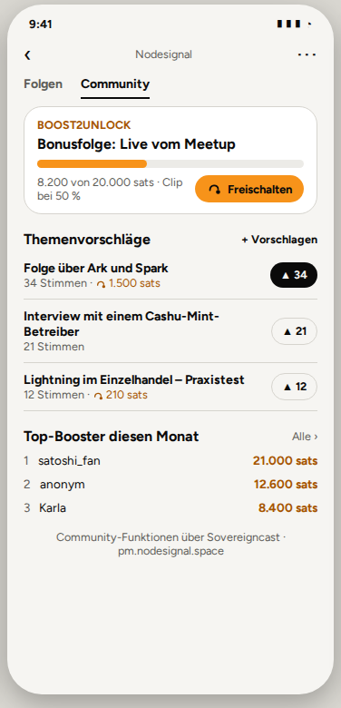 Entwicklungsansicht der Community-Seite mit Themenvorschlägen und Top-Boostern