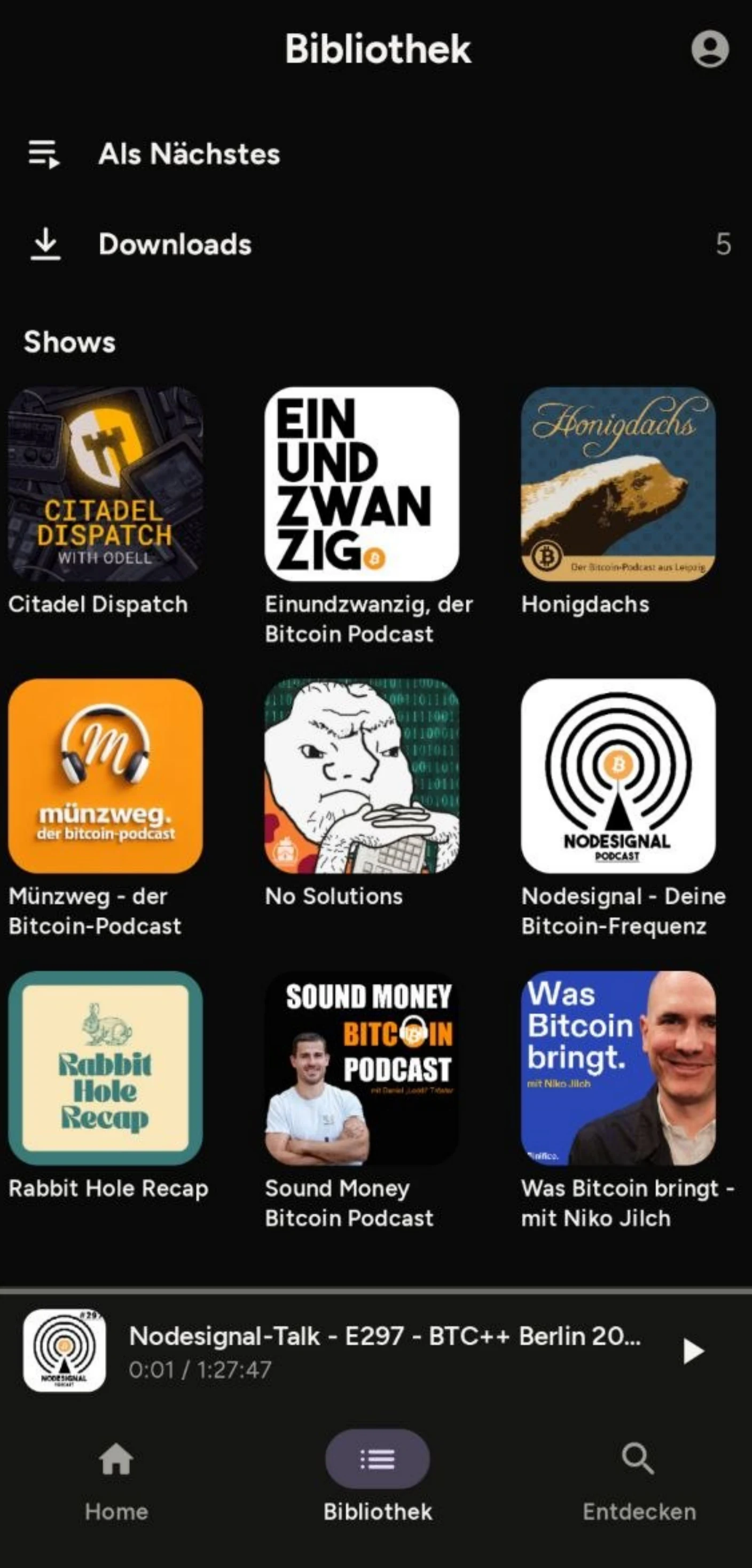 Hopp-Bibliothek mit abonnierten Shows, Downloads, Warteschlange und Miniplayer